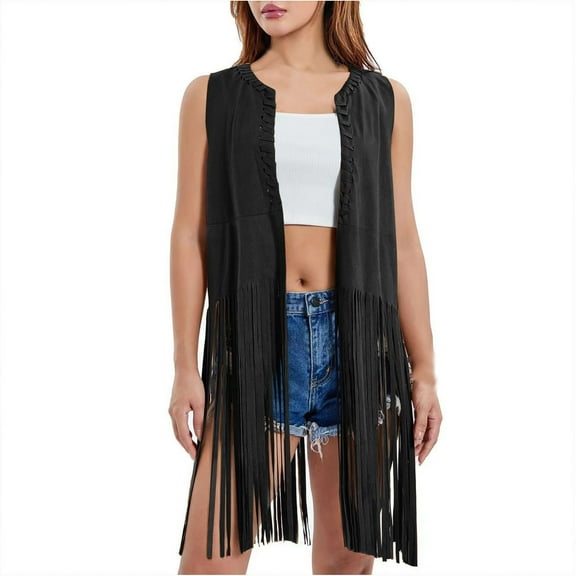 Wyobmus Women's Slim Fringe Hem Faux Suede Open Front Sleeveless Cardigan Vest Coat Black