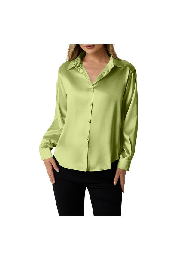 Women's Soft Satin Silk Shirts Button Down Collared Casual Blouse Loose Long Sleeve Office Work Tunic Tops Dressy Fashion Clothes A-Green