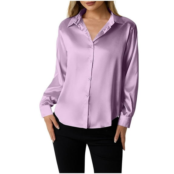 Wyobmus Women's Soft Satin Silk Shirts Button Down Collared Casual Blouse Loose Long Sleeve Office Work Tunic Tops Dressy Fashion Clothes A-Purple
