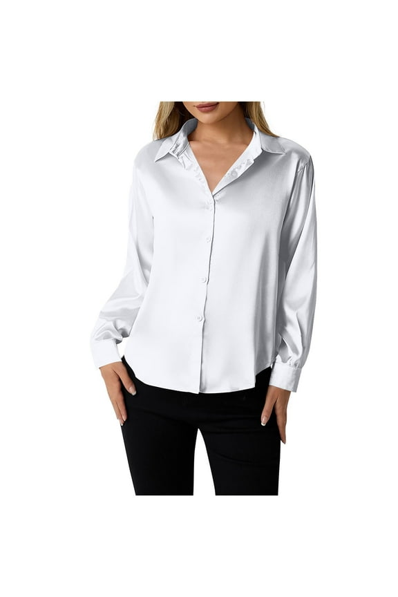 Women's Soft Satin Silk Shirts Button Down Collared Casual Blouse Loose Long Sleeve Office Work Tunic Tops Dressy Fashion Clothes A-White