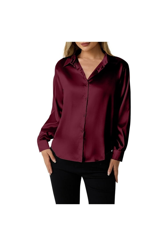 Women's Soft Satin Silk Shirts Button Down Collared Casual Blouse Loose Long Sleeve Office Work Tunic Tops Dressy Fashion Clothes B-Burgundy