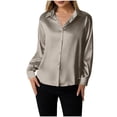 thumbnail image 1 of Wyobmus Women's Soft Satin Silk Shirts Button Down Collared Casual Blouse Loose Long Sleeve Office Work Tunic Tops Dressy Fashion Clothes C-Coffee, 1 of 6