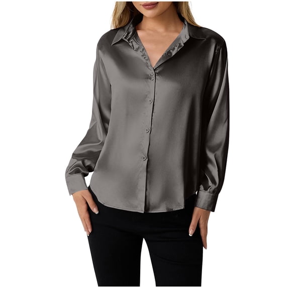 Wyobmus Women's Soft Satin Silk Shirts Button Down Collared Casual Blouse Loose Long Sleeve Office Work Tunic Tops Dressy Fashion Clothes C-Dark Gray