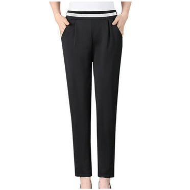 Wyobmus Women's Straight Leg Pants Solid Color Loose Comfortable Elastic Waist Casual Pocket Tapered Pants Black