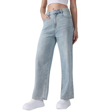 Wyobmus Women's Straight Wide Leg Jeans Loose Light Colored Cozy Mid Waist Commuter Style Drape Soft Lightweight Denim Pants Light Blue