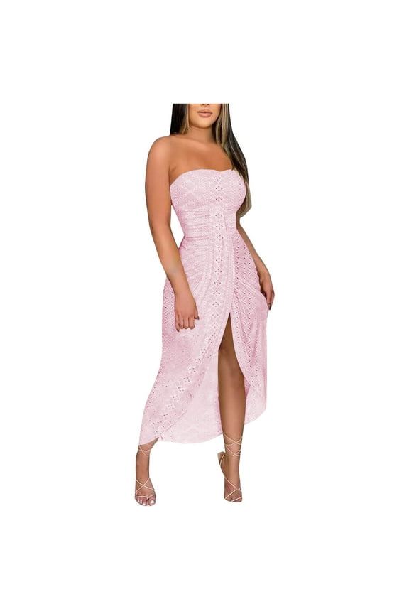 Women's Strapless Maxi Bodycon Dresses Solid Color Stretch Sleeveless One Shoulder High Cut Pleat Dress B-Pink