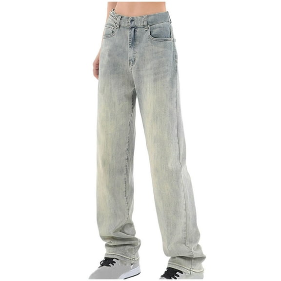 Wyobmus Women's Stretch Distressed Jeans Casual Straight Leg Washed Pants High Street Trendy Vintage Denim Pants White