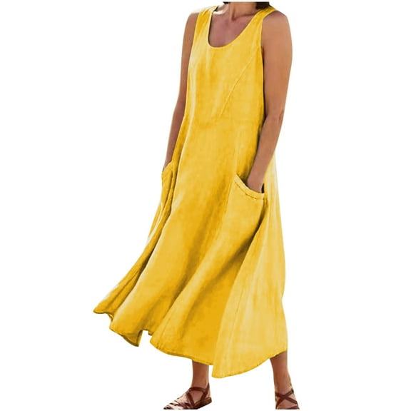 Wyobmus Women's Summer Cotton Linen Tank Dress Plus Size A-Line Flowy Swing Maxi Dress Sleeveless Casual Vacation Dress With Pockets S-5Xl Yellow
