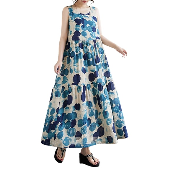 Wyobmus Women's Summer Dresses Oversized Casual Loose Ditsy Floral Maxi Sundress Ruched Tank Dress Sleeveless Summer Beach Tiered Long Dresses Blue