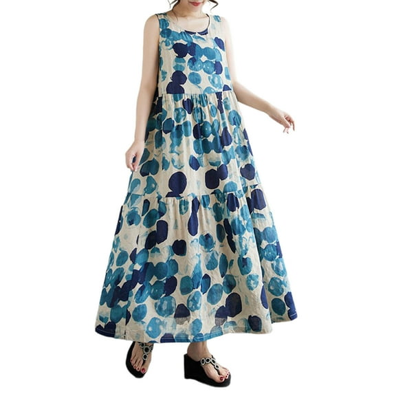 Wyobmus Women's Summer Dresses Oversized Casual Loose Ditsy Floral Maxi Sundress Ruched Tank Dress Sleeveless Summer Beach Tiered Long Dresses Blue