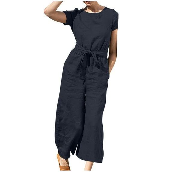 Wyobmus Women's Summer Linen Jumpsuits Comfy Short Sleeve Round Neck Jumpsuits Solid Color Casual Wide Leg Waist Rope Jumpsuit Pants Romper With Pockets Black