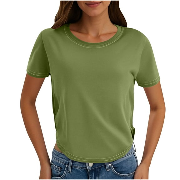 Wyobmus Women's Summer Shirts Crew Neck Slim Fitted Basic Tops Stretch Short Sleeve Curved Hem Tees Fashion Going Out T-Shirt B-Olive Green