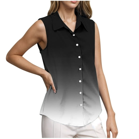 Wyobmus Women's Summer Sleeveless T-Shirt Button Down Collared Casual Gradient Printed Blouse for Work Casual V Neck Tank Tops C-Black