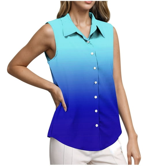 Wyobmus Women's Summer Sleeveless T-Shirt Button Down Collared Casual Gradient Printed Blouse for Work Casual V Neck Tank Tops C-Blue