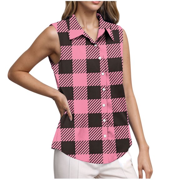 Wyobmus Women's Summer Sleeveless T-Shirt Button Down Collared Casual Plaid Print Blouse for Work Casual V Neck Tank Tops D-Pink