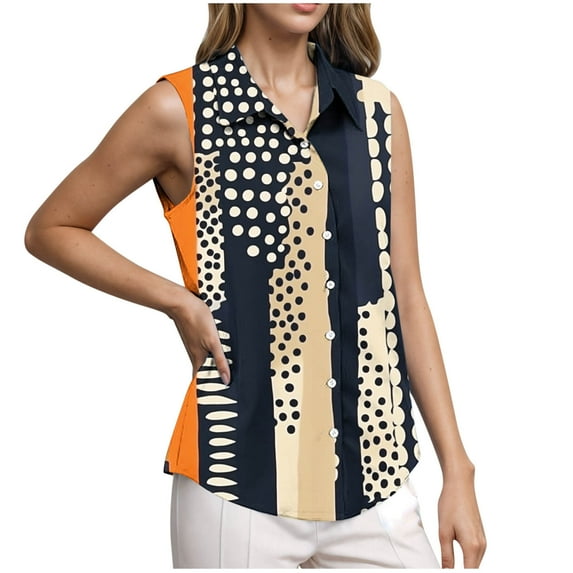 Wyobmus Women's Summer Sleeveless T-Shirt Button Down Collared Casual Printing Blouse for Work Casual V Neck Tank Tops E-Multicolor