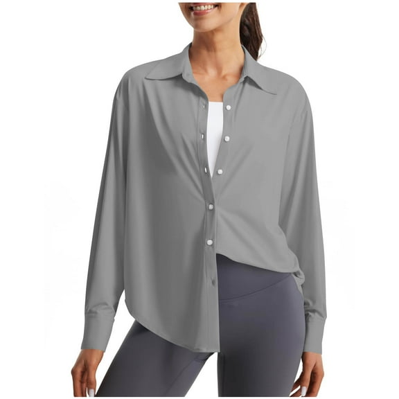 Wyobmus Women's Summer Sun Protection Shirts Long Sleeve Upf50  Button Down Shirt Quick Dry Side Slit Swim Beach Cover Up Gray