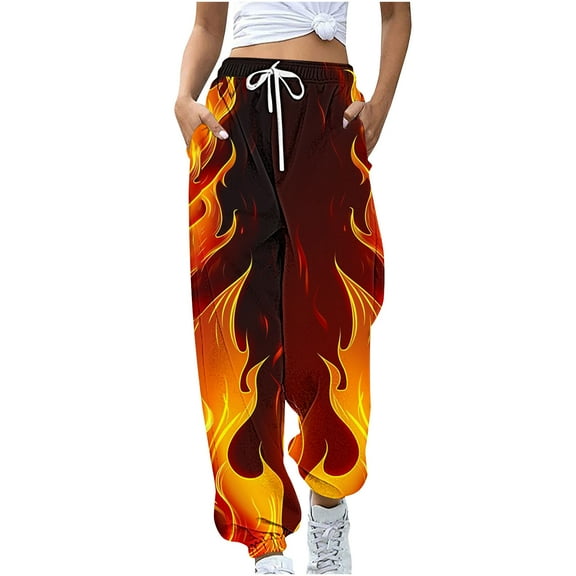 Wyobmus Women's Sweatpants Fashion Flame Print Comfortable Casual Loose High Waist Drawstring Sweatpants Red