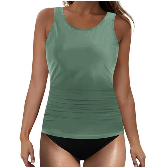 Wyobmus Women's Swimsuit Tankini Tummy Control Bathing Suits Solid Two Piece Crew Neck Sleevless Swim Suits With High Waisted Bottom A-Olive Green
