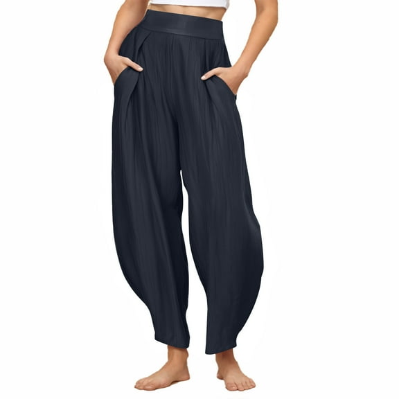 Wyobmus Women's Trendy Harem Pants Casual Palazzo Pants With Pockets Breathable Summer Loose Fit High Waisted Pleated Pants Trousers B-Navy
