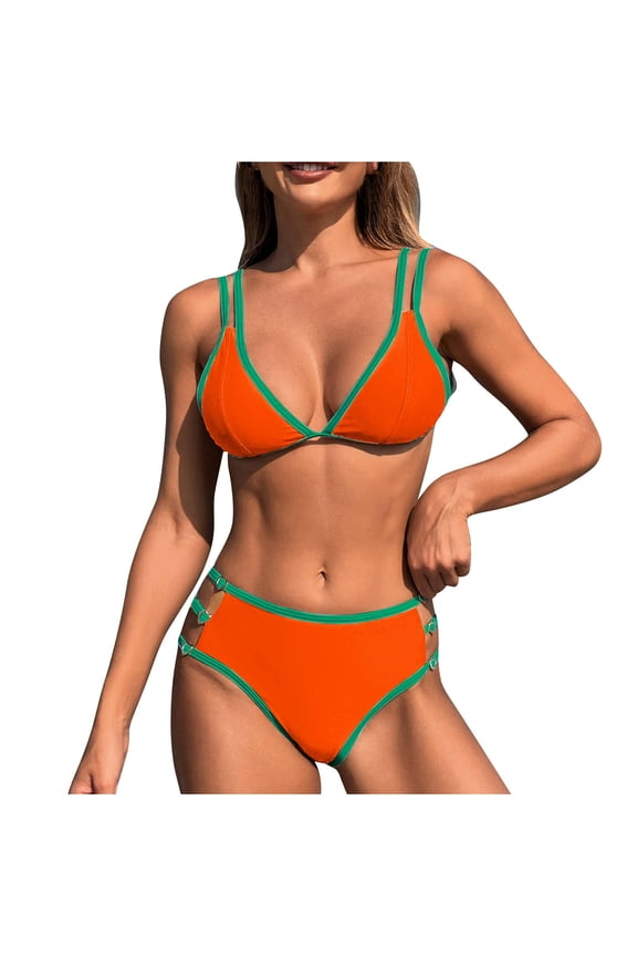 Women's Triangle Bikini Set Contrast Brim Double Strap Bikini Set Lace Back High Waist Two Piece Swimsuit Bathing Suits Orange