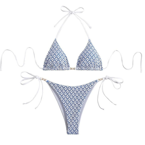 Wyobmus Women's Triangle Bikini Set String Swimsuit Printed Tie Smocked Ruched Two Piece Bathing Suit With Chest Pad A-Blue
