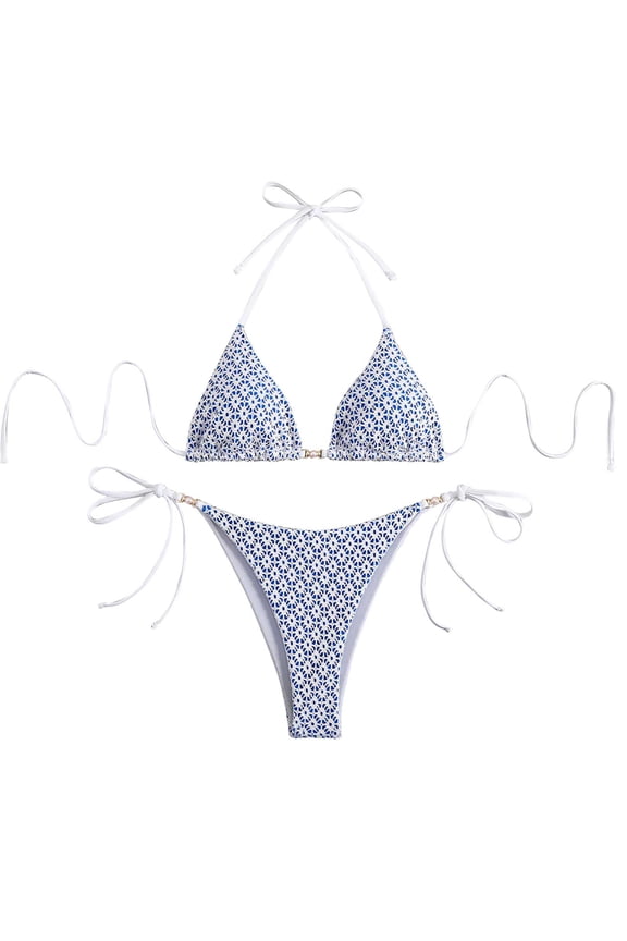 Women's Triangle Bikini Set String Swimsuit Printed Tie Smocked Ruched Two Piece Bathing Suit With Chest Pad A-Blue