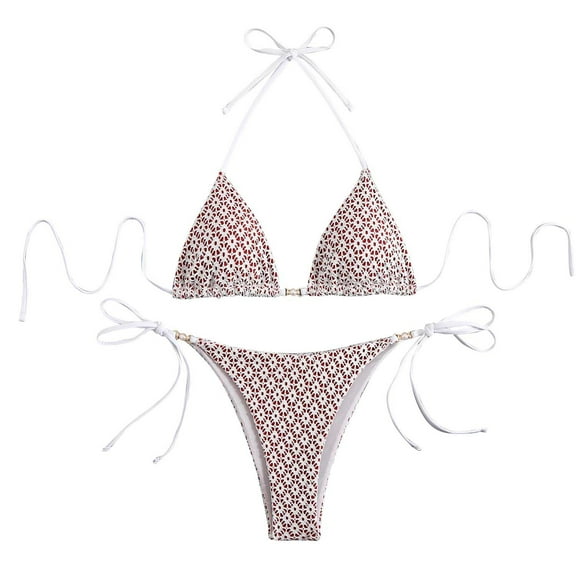 Wyobmus Women's Triangle Bikini Set String Swimsuit Printed Tie Smocked Ruched Two Piece Bathing Suit With Chest Pad A-Coffee