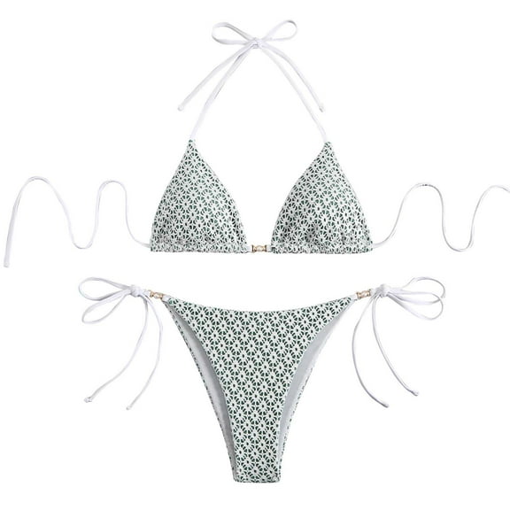 Wyobmus Women's Triangle Bikini Set String Swimsuit Printed Tie Smocked Ruched Two Piece Bathing Suit With Chest Pad A-Green