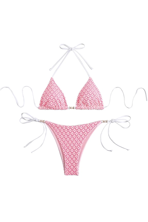 Women's Triangle Bikini Set String Swimsuit Printed Tie Smocked Ruched Two Piece Bathing Suit With Chest Pad A-Pink