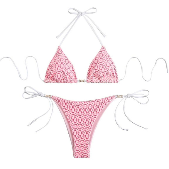 Wyobmus Women's Triangle Bikini Set String Swimsuit Printed Tie Smocked Ruched Two Piece Bathing Suit With Chest Pad A-Pink