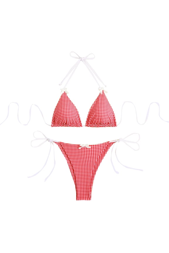 Women's Triangle Bikini Set String Swimsuit Printed Tie Smocked Ruched Two Piece Bathing Suit With Chest Pad B-Red