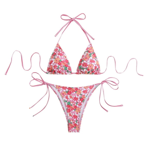 Wyobmus Women's Triangle Bikini Set String Swimsuit Printed Tie Smocked Ruched Two Piece Bathing Suit With Chest Pad E-Pink