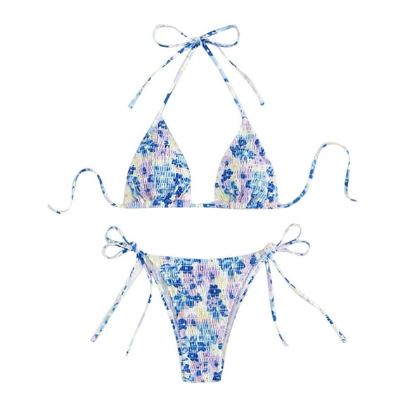 Wyobmus Women's Triangle Bikini Set String Swimsuit Printed Tie Smocked Ruched Two Piece Bathing Suit With Chest Pad G-Blue