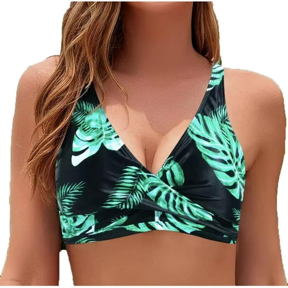 Wyobmus Women's Twist Front Bikini Top Printing Deep V Neck Push Up Padded Wireless Swimsuit Top Bathing Suits F-Green