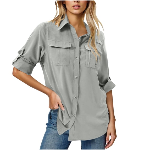 Wyobmus Women's Upf 50 Long Sleeve Sun Protection Shirts Outdoor Rolled Cuff Quick Dry Button Down Safari Shirt for Fishing Hiking Gardening A-Silver