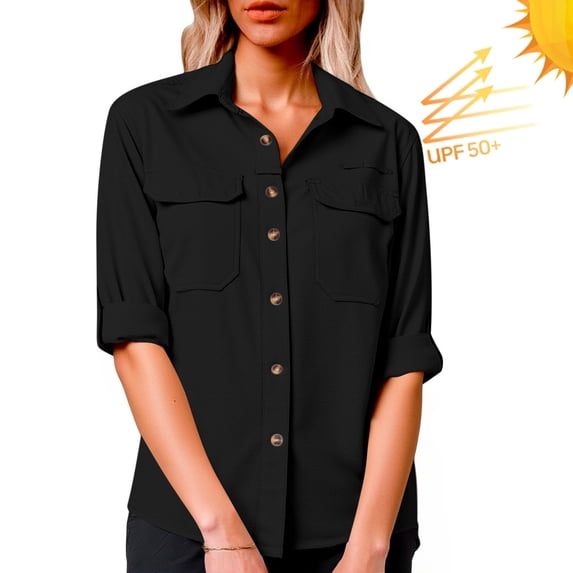 Wyobmus Women's Upf 50 Long Sleeve Sun Protection Shirts Outdoor Rolled Cuff Quick Dry Button Down Safari Shirt for Fishing Hiking Gardening C-Black