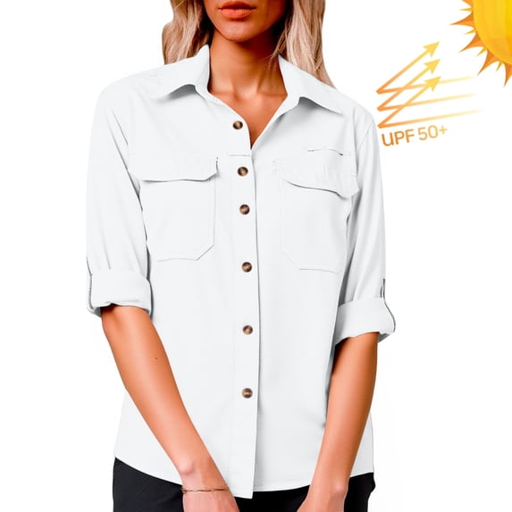 Wyobmus Women's Upf 50 Long Sleeve Sun Protection Shirts Outdoor Rolled Cuff Quick Dry Button Down Safari Shirt for Fishing Hiking Gardening C-White