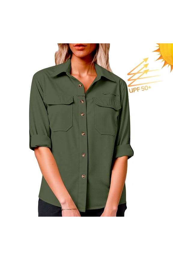 Women's Upf 50 Long Sleeve Sun Protection Shirts Outdoor Rolled Cuff Quick Dry Button Down Safari Shirt for Fishing Hiking Gardening C-Olive Green