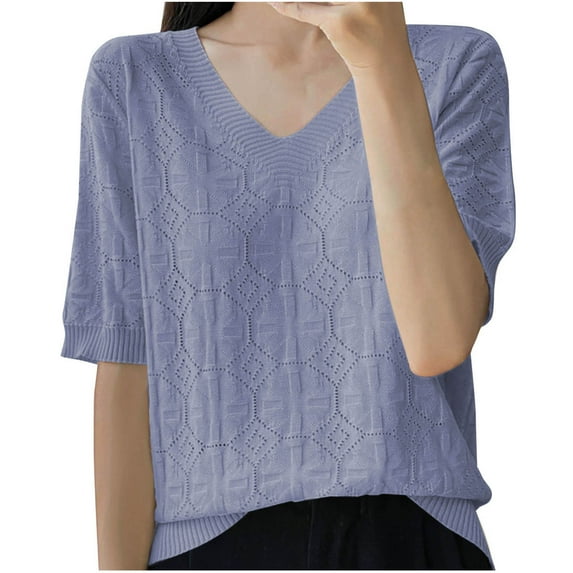 Wyobmus Women's V Neck Stops Casual Knitted Jacquard Short Sleeve Shirts Loose Summer Breathable Eyelet Tees Blue