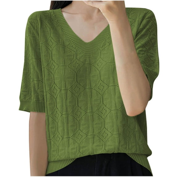 Wyobmus Women's V Neck Stops Casual Knitted Jacquard Short Sleeve Shirts Loose Summer Breathable Eyelet Tees Green