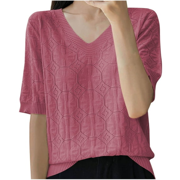 Wyobmus Women's V Neck Stops Casual Knitted Jacquard Short Sleeve Shirts Loose Summer Breathable Eyelet Tees Hot Pink