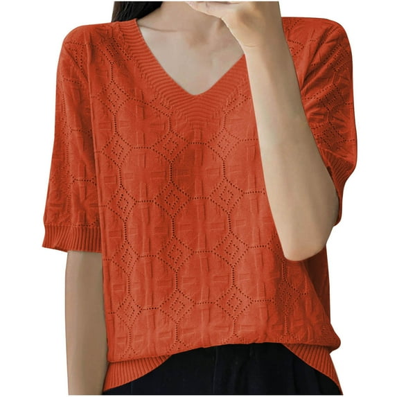 Wyobmus Women's V Neck Stops Casual Knitted Jacquard Short Sleeve Shirts Loose Summer Breathable Eyelet Tees Orange