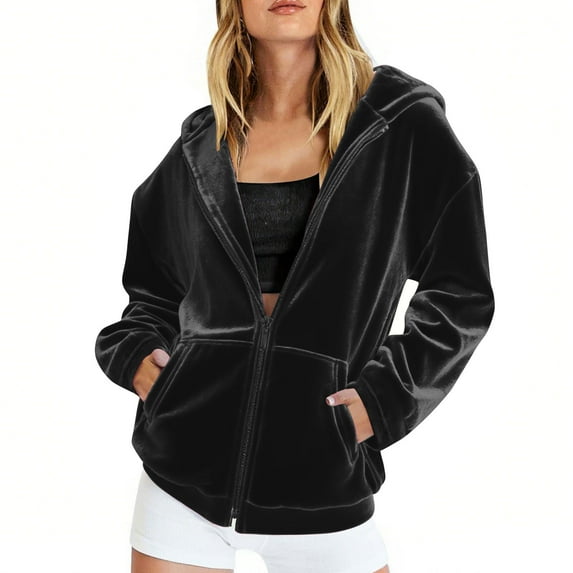 Wyobmus Women's Velvet Hoodie Jacket Long Sleeve Zip Up Outerwear Cozy Warm Velour Hooded Sweatshirts with Pockets Black