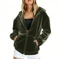 thumbnail image 1 of Wyobmus Women's Velvet Hoodie Jacket Long Sleeve Zip Up Outerwear Cozy Warm Velour Hooded Sweatshirts with Pockets Olive Green, 1 of 6