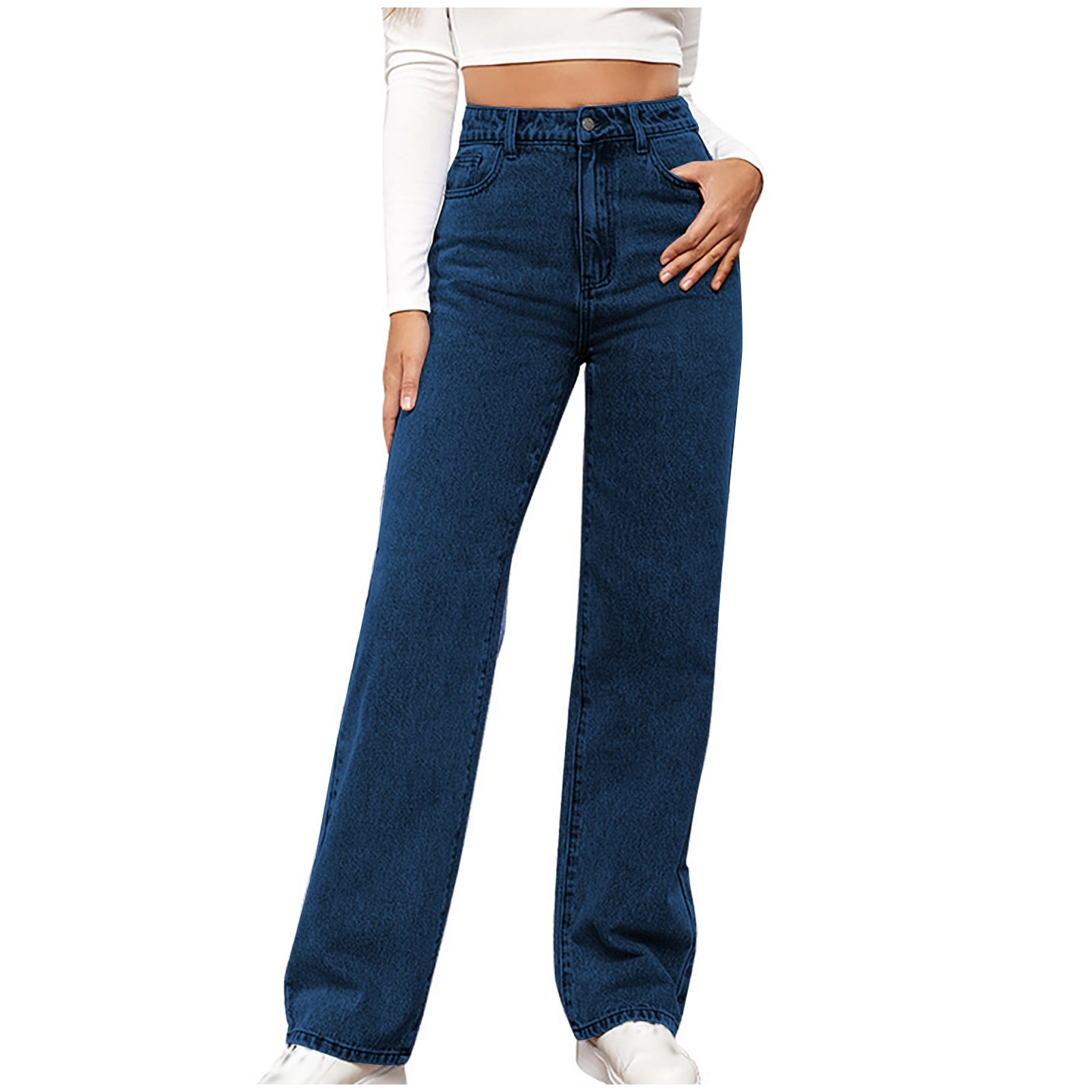Women's High Waisted Straight Leg Jeans - Stretch Terry Denim Pants With Patch Pockets - View #10