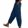 thumbnail image 1 of Wyobmus Women's Wide Leg Linen Pants Solid Color Side Button Tapered Pants Casual Elastic Waist Summer Loose Lounge Pants With Pocket Navy, 1 of 7