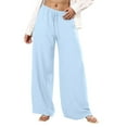 thumbnail image 1 of Wyobmus Women's Wide Leg Linen Pants With Pockets Lightweight Elastic Waisted Drawstring Loose Lounge Trousers Light Blue, 1 of 4