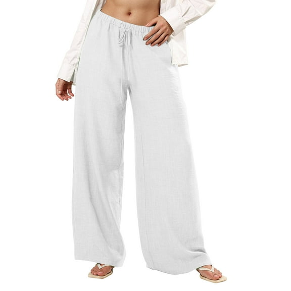 Wyobmus Women's Wide Leg Linen Pants With Pockets Lightweight Elastic Waisted Drawstring Loose Lounge Trousers White