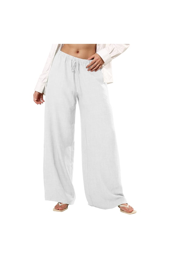 Women's Wide Leg Linen Pants With Pockets Lightweight Elastic Waisted Drawstring Loose Lounge Trousers White